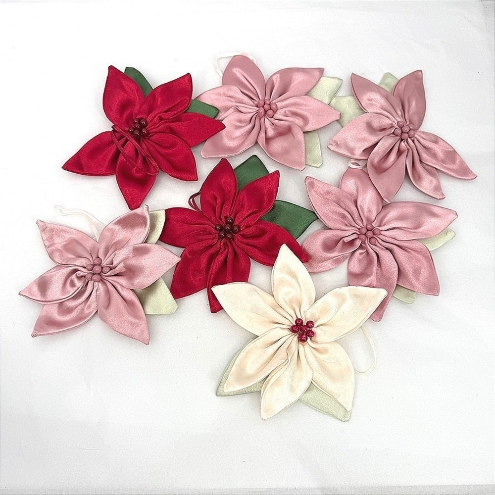 Poinsettia Satin Ribbon Flower Ornaments Floral Set of 7 Trimmings Notions